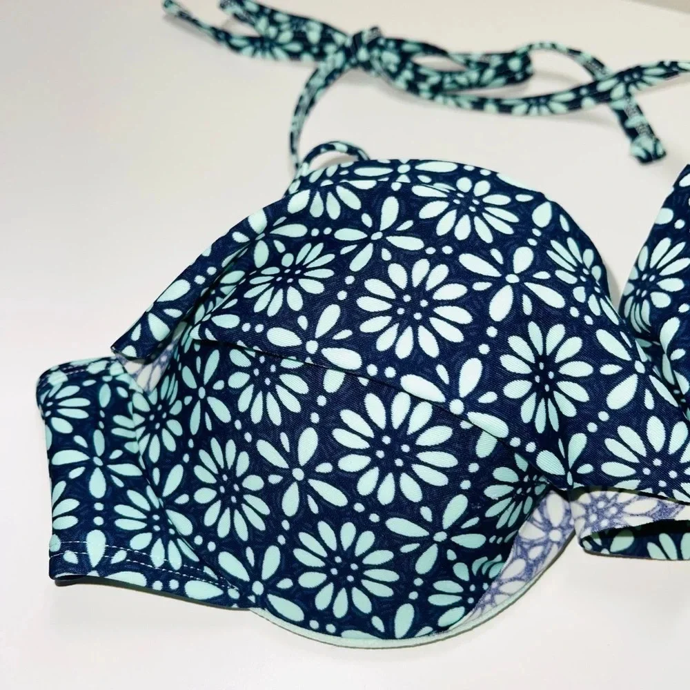 aerie Navy Blue & Mint Green Floral Print Ruffle Push-up Bikini Top 36B Women’s